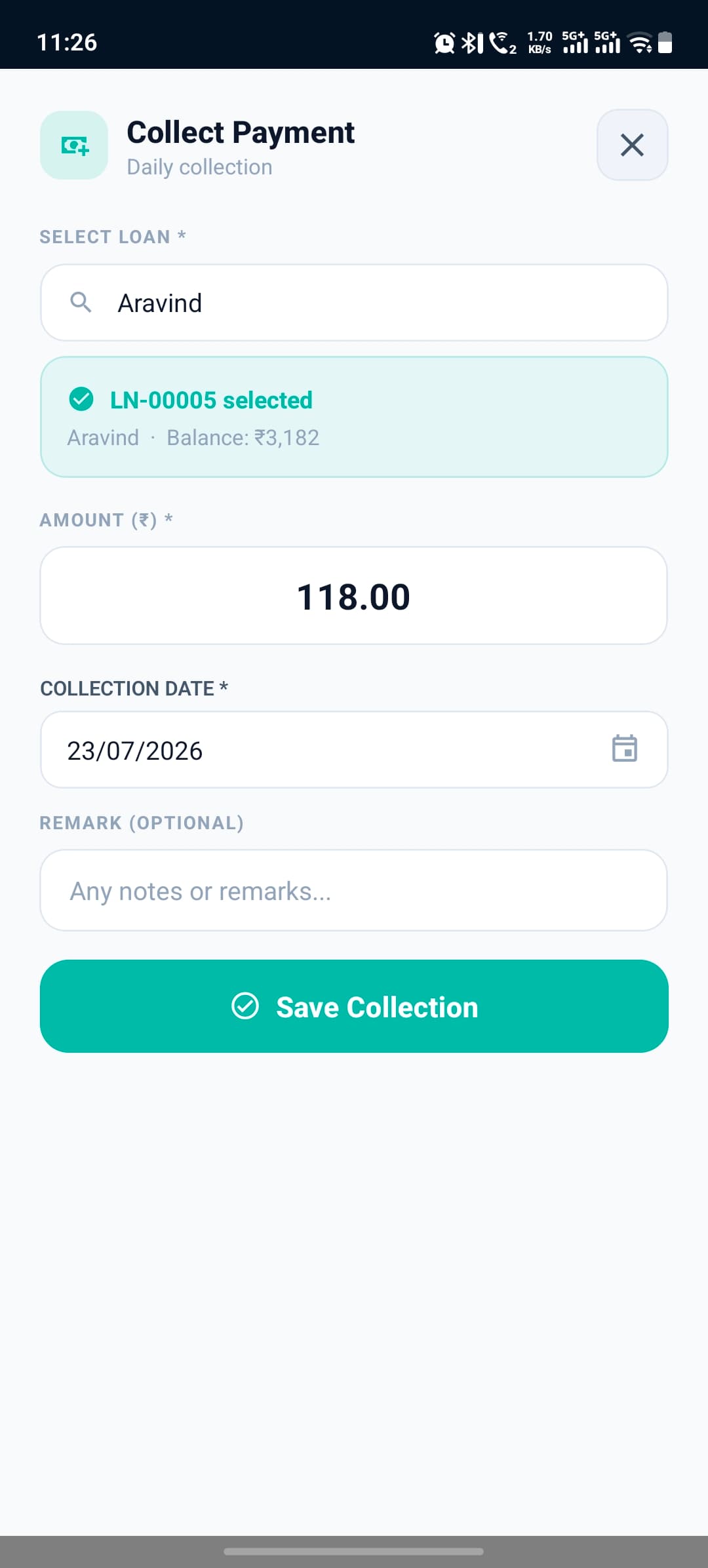 Collect payment screen
