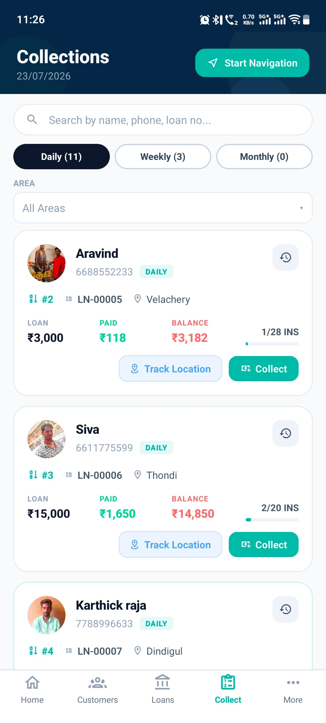 Daily collection list with route navigation