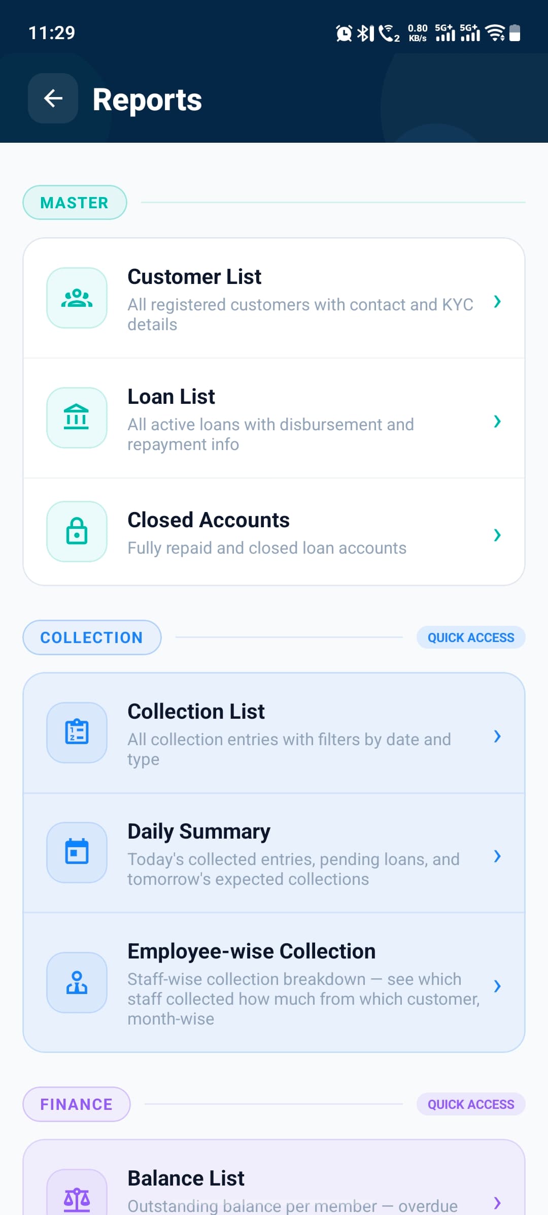 Reports menu